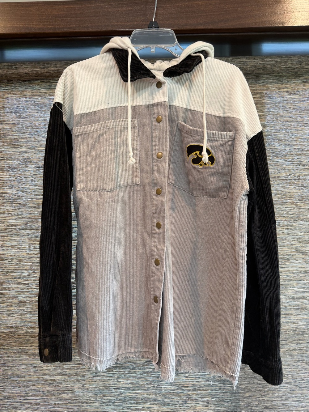 Two-Tone Corduroy Hoodie Shirt Jacket in Beige, Black